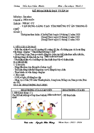 Kế hoạch bài dạy Âm nhạc 2 - Tuần 16 - Năm học 2023-2024 - Nguyễn Hữu Thông