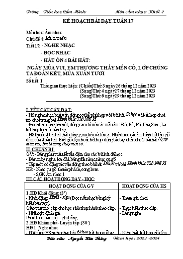 Kế hoạch bài dạy Âm nhạc 2 - Tuần 17 - Năm học 2023-2024 - Nguyễn Hữu Thông