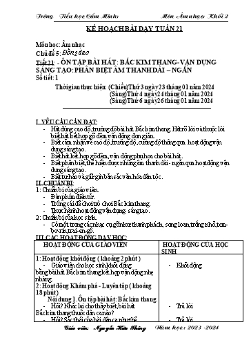 Kế hoạch bài dạy Âm nhạc 2 - Tuần 21 - Năm học 2023-2024 - Nguyễn Hữu Thông