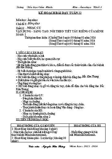 Kế hoạch bài dạy Âm nhạc 2 - Tuần 22 - Năm học 2023-2024 - Nguyễn Hữu Thông