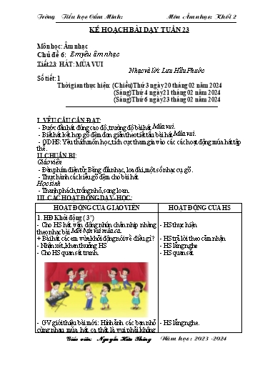 Kế hoạch bài dạy Âm nhạc 2 - Tuần 23 - Năm học 2023-2024 - Nguyễn Hữu Thông