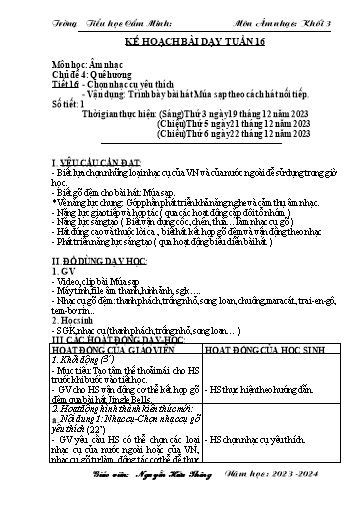 Kế hoạch bài dạy Âm nhạc 3 - Tuần 16 - Năm học 2023-2024 - Nguyễn Hữu Thông