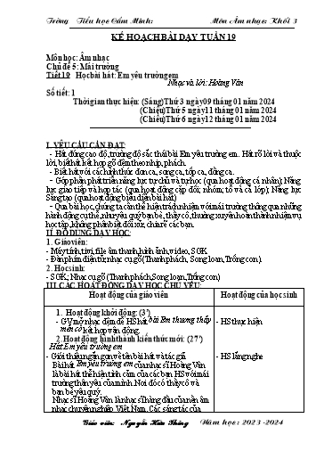 Kế hoạch bài dạy Âm nhạc 3 - Tuần 19 - Năm học 2023-2024 - Nguyễn Hữu Thông