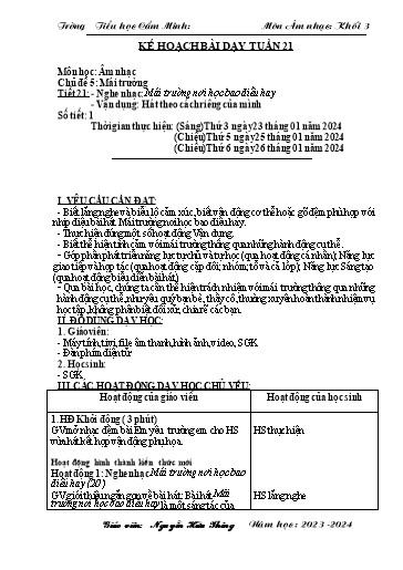 Kế hoạch bài dạy Âm nhạc 3 - Tuần 21 - Năm học 2023-2024 - Nguyễn Hữu Thông