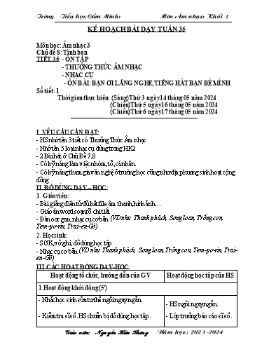 Kế hoạch bài dạy Âm nhạc 3 - Tuần 35 - Năm học 2023-2024 - Nguyễn Hữu Thông