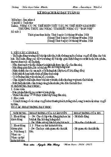 Kế hoạch bài dạy Âm nhạc 4 - Tuần 3 - Năm học 2024-2025 - Nguyễn Hữu Thông