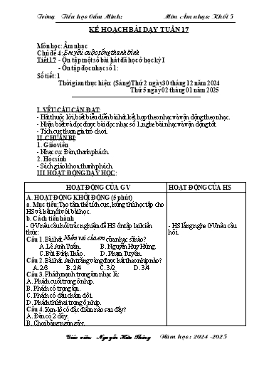 Kế hoạch bài dạy Âm nhạc 5 - Tuần 17 - Năm học 2024-2025 - Nguyễn Hữu Thông