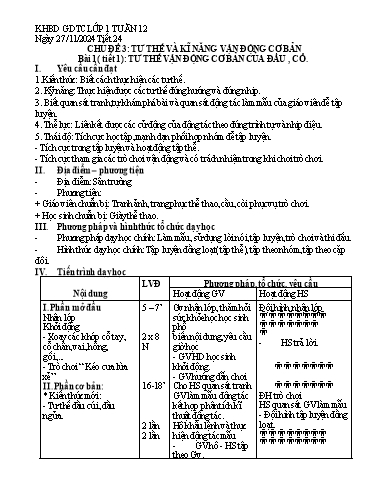 Kế hoạch bài dạy Giáo dục thể chất Tiểu học - Tuần 12 - Năm học 2024-2025 - Trần Thị Ngọc Quyên