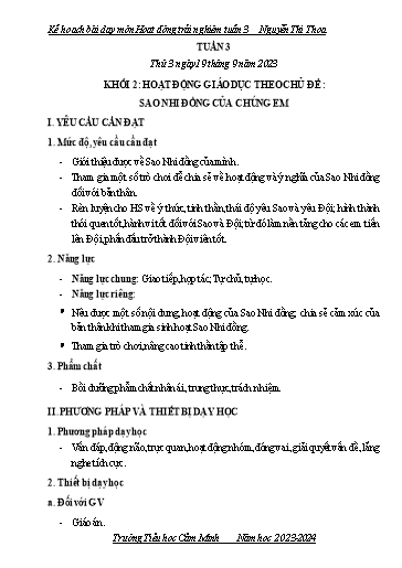 Kế hoạch bài dạy Hoạt động trải nghiệm 1+2+3 - Tuần 3 - Năm học 2023-2024 - Nguyễn Thị Thoa