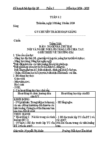Kế hoạch bài dạy Lớp 2 - Tuần 5 - Năm học 2024-2025 - Nguyễn Thị Xuân