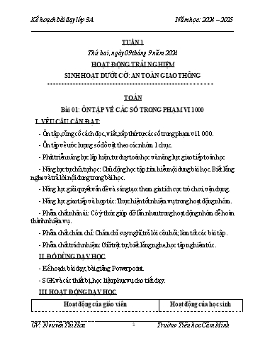 Kế hoạch bài dạy Lớp 3 - Tuần 1 - Năm học 2024-2025 - Nguyễn Thị Hoa