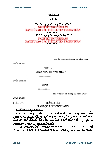 Kế hoạch bài dạy Lớp 3 - Tuần 21 - Năm học 2024-2025 - Nguyễn Thị Ngọc Huyền
