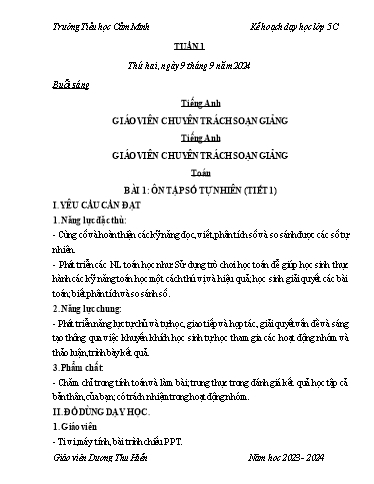 Kế hoạch bài dạy Lớp 5 - Tuần 1 - Năm học 2024-2025 - Dương Thu Hiền