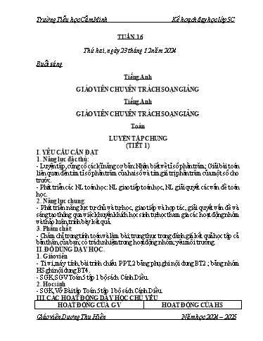 Kế hoạch bài dạy Lớp 5 - Tuần 16 - Năm học 2024-2025 - Dương Thu Hiền