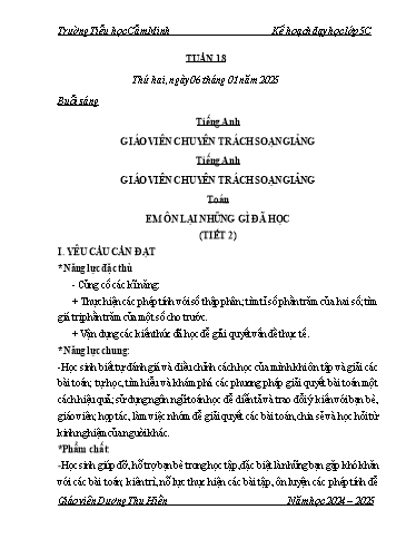 Kế hoạch bài dạy Lớp 5 - Tuần 18 - Năm học 2024-2025 - Dương Thu Hiền