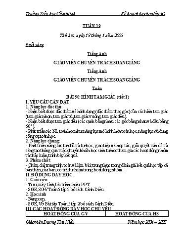 Kế hoạch bài dạy Lớp 5 - Tuần 19 - Năm học 2024-2025 - Dương Thu Hiền