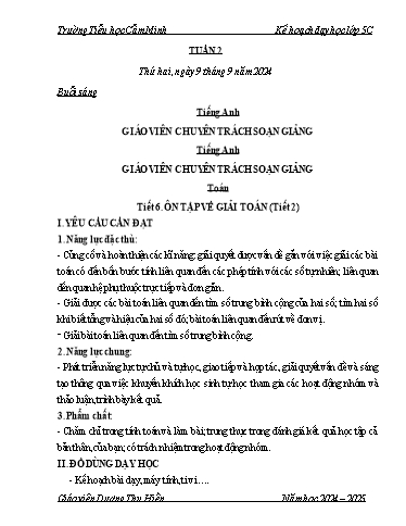 Kế hoạch bài dạy Lớp 5 - Tuần 2 - Năm học 2024-2025 - Dương Thu Hiền