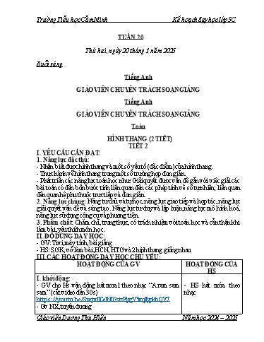 Kế hoạch bài dạy Lớp 5 - Tuần 20 - Năm học 2024-2025 - Dương Thu Hiền